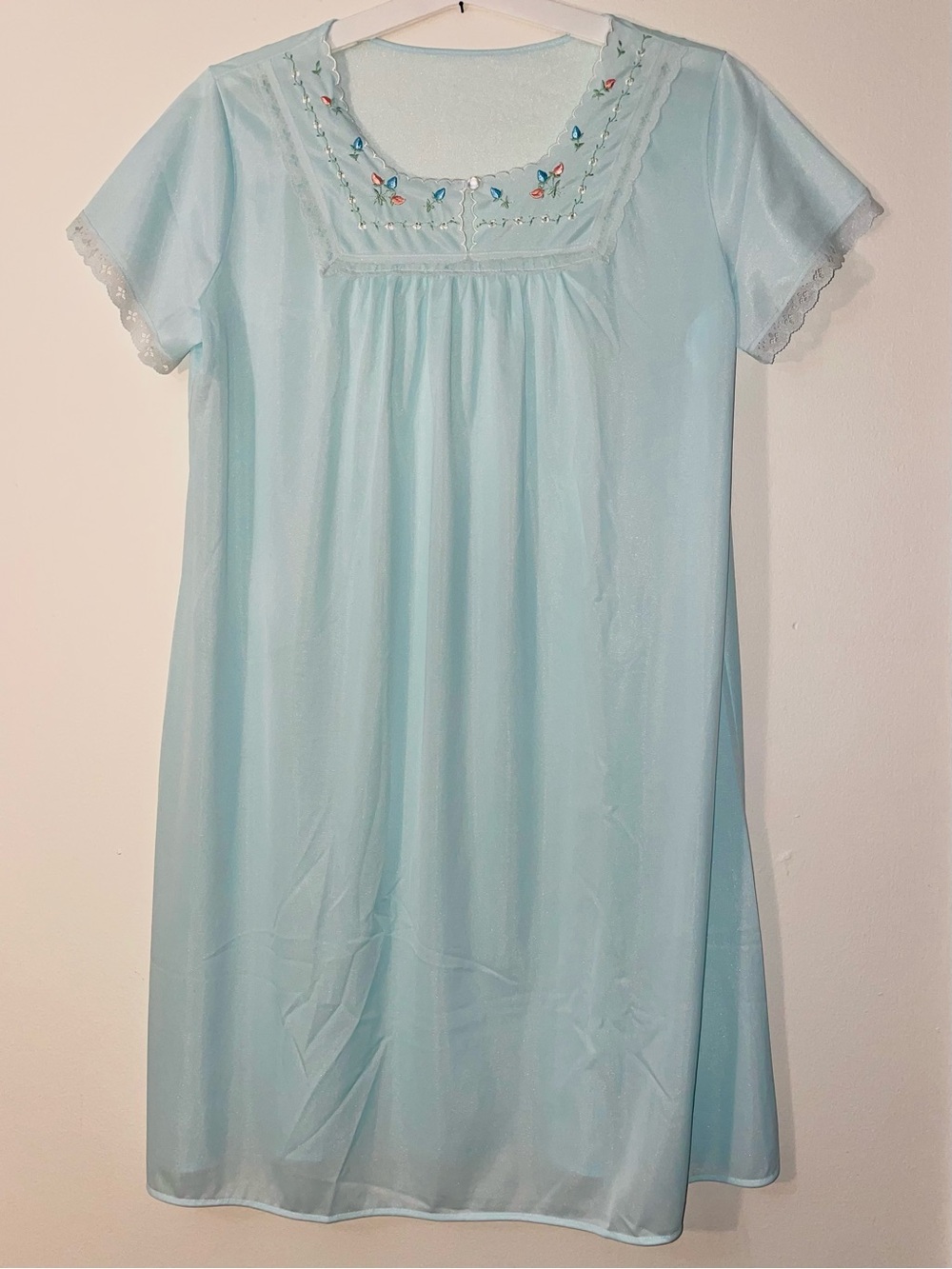 VTG 70s/80s Katz Pastel Light Blue Embroidered, Lace Nylon Tricot Nightgown